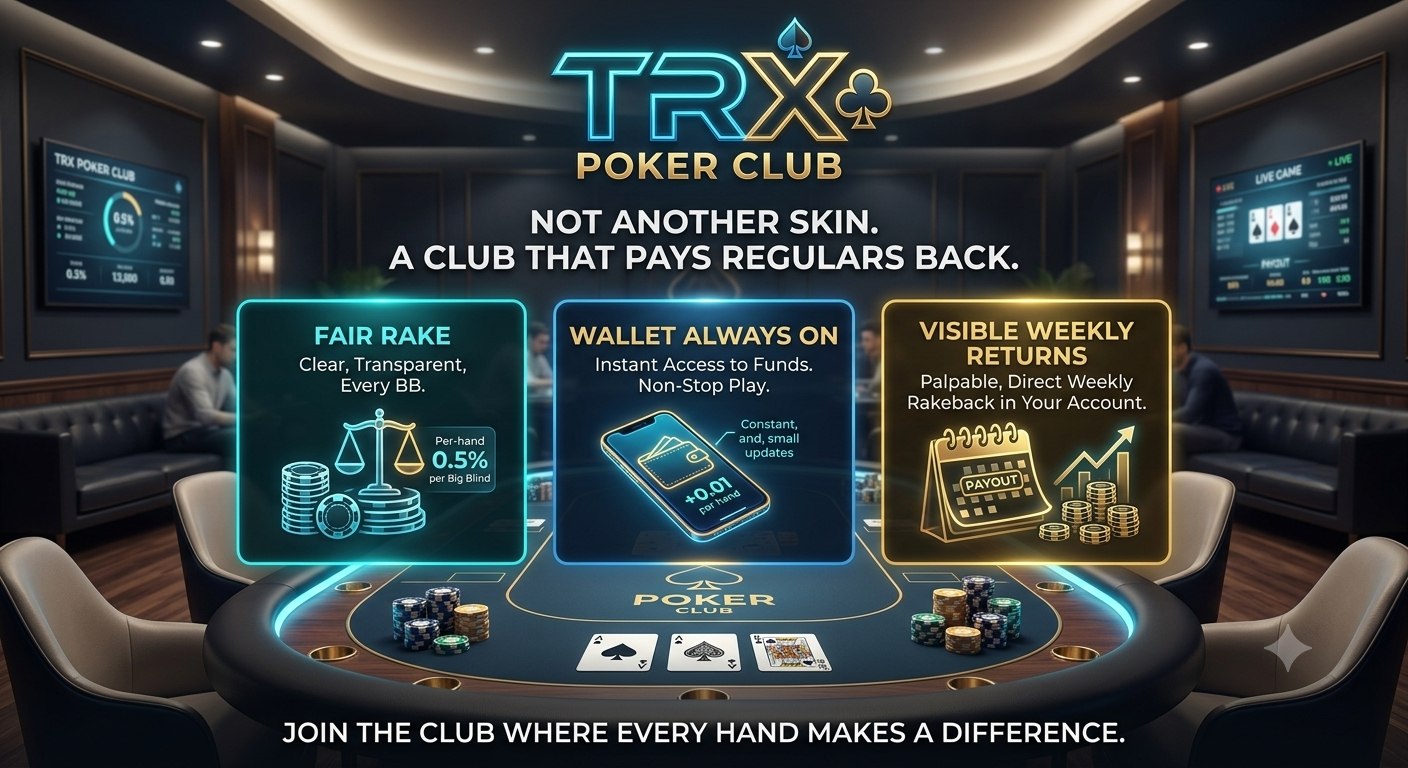 TRX Poker Club — USDT wallet, GG/PP poker desk, fair rake 3% under $50/BB and 5% above. Welcome 100% up to $50 + Free $10.